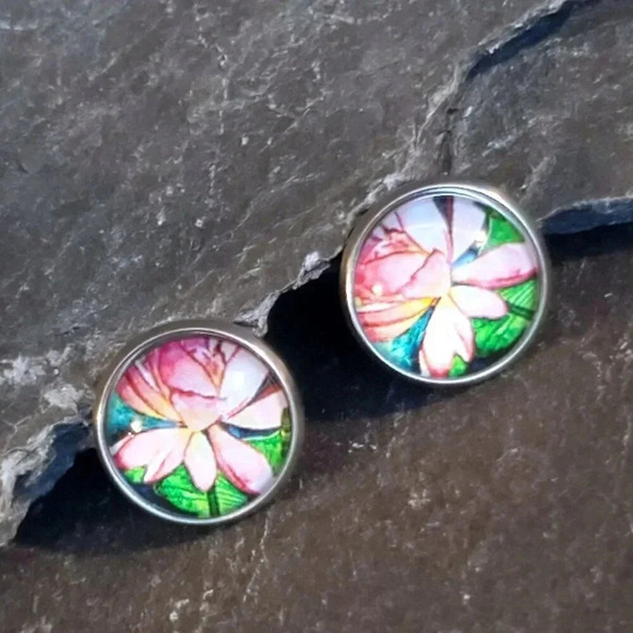 Lotus Flower Zen Garden Pink Green Antiqued Brass Stud Handcrafted Earrings - Picture 4 of 8